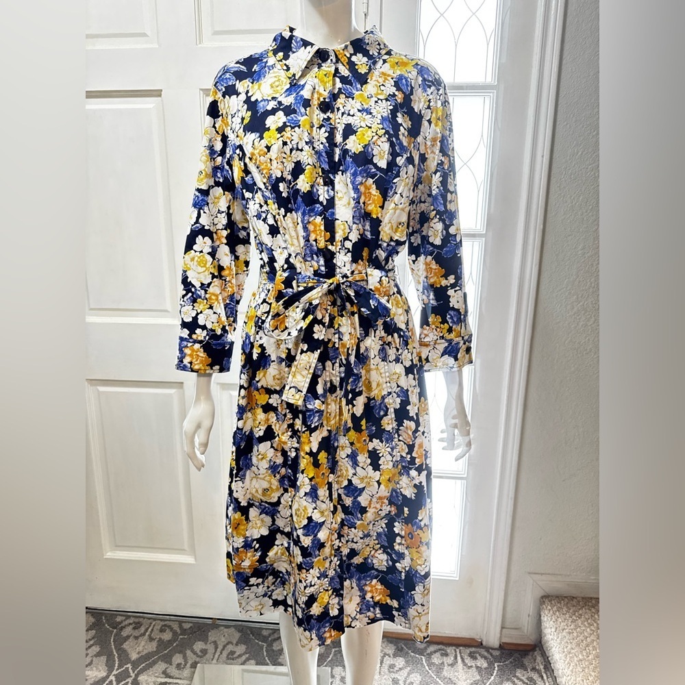 St. John Sport Cotton Boend Vibrant Floral Satin Shirt Dress Size XL P-39